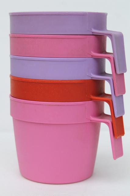 vintage plastic picnic mugs, stacking cups in retro pink, lavender, red