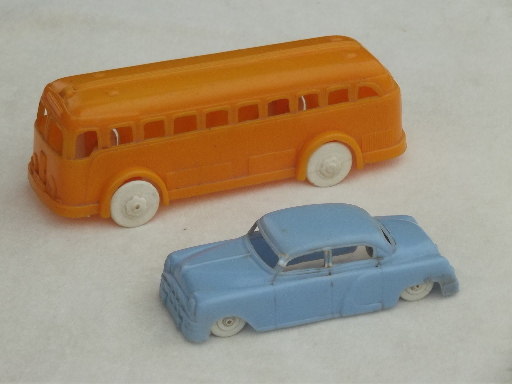 Vintage Plasticville plastic toy cars, retro sedan & school bus