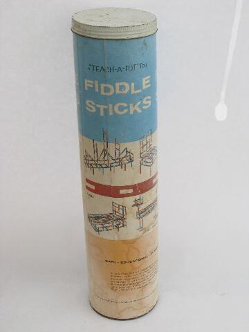 Vintage Playskool fiddle sticks plastic building construction toy, original fiddlestick can