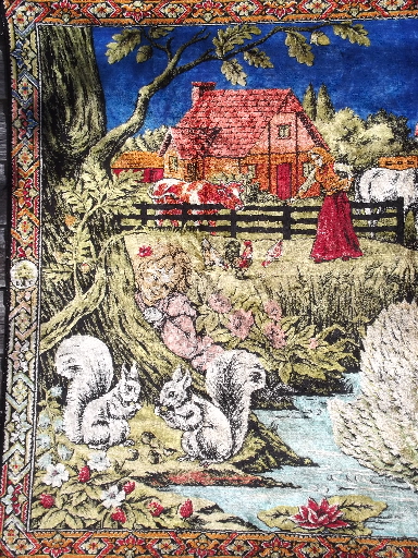 Vintage plush wall hanging tapestry rug, peasant scene w/ farm animals