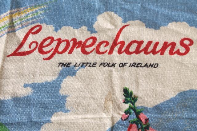 vintage print linen tea towel w/ Irish leprechauns, rainbow gnomes on toadstool mushrooms