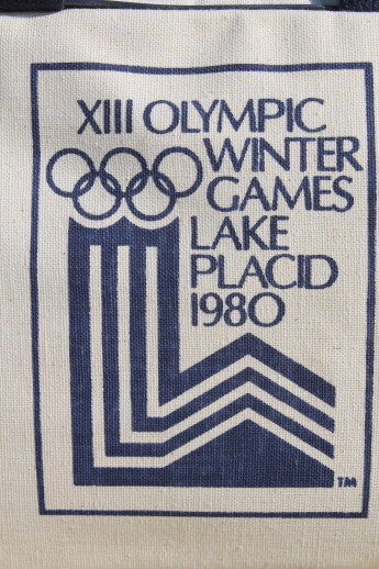 Vintage printed cotton tote / gym duffel bag, 1980 Lake Placid winter Olympics
