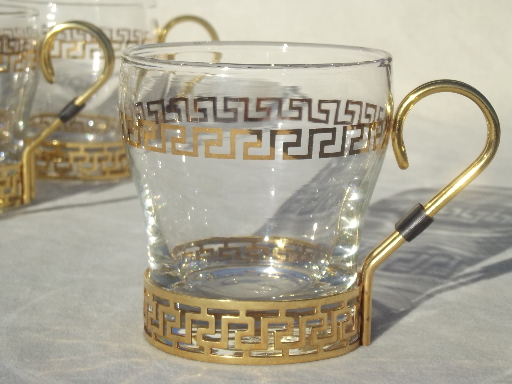Vintage punch cups set, 70s mod Libbey glasses w/ greek key cup holders