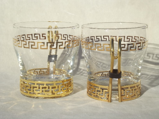 Vintage punch cups set, 70s mod Libbey glasses w/ greek key cup holders