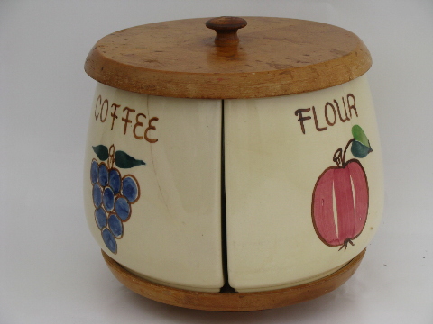 Vintage Purinton pottery painted fruit kitchen canisters on lazy susan