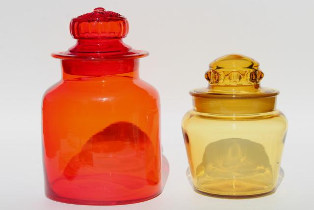 vintage red & amber colored glass canister jars, mod apothecary bottle candy canisters