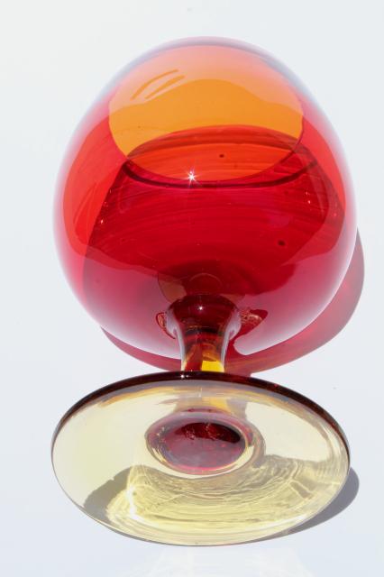 vintage red orange amberina art glass vase, big brandy snifter glass fish bowl shape