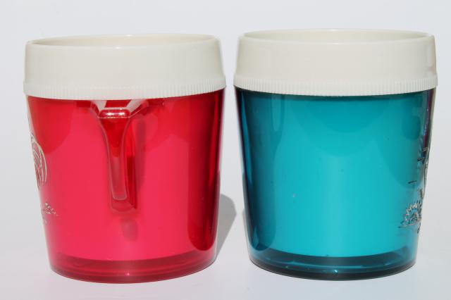 vintage red, white and blue plastic picnic cups, insulated thermoware mugs