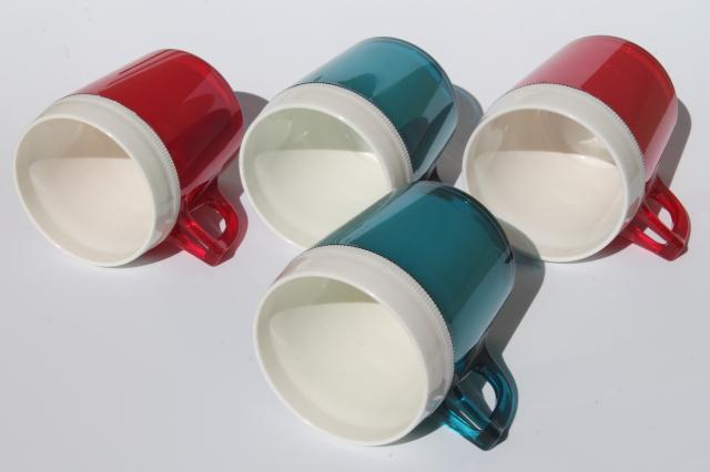 vintage red, white and blue plastic picnic cups, insulated thermoware mugs