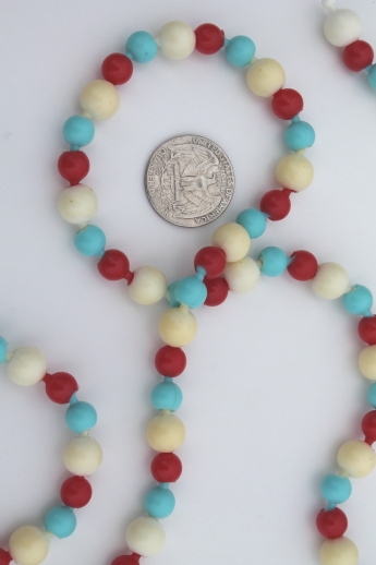 Vintage red white and blue plastic pop beads, summer party costume jewelry necklace