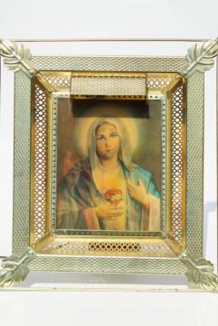 vintage religious picture, 50s 60s lenticular 3-D hologram Mary / Jesus, lighted frame shrine