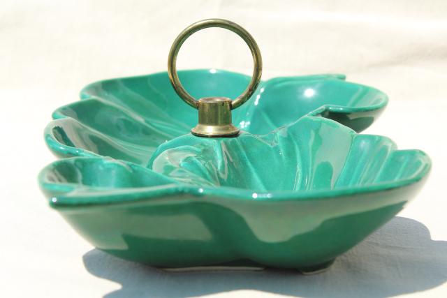 vintage relish tray w/ handle, mid-century mod ceramic divided dish, jungle green tropical leaf bowl