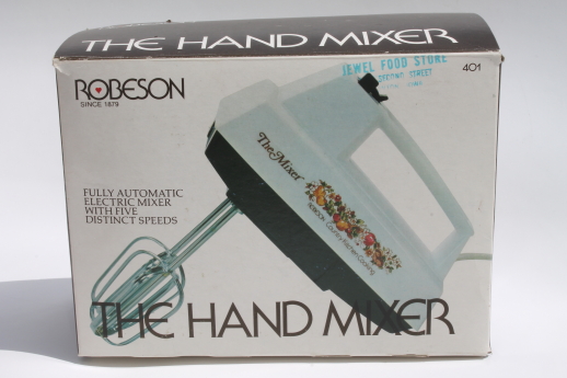 Vintage Robeson kitchen mixer mint in box, spice of life kitchen seasonings hand mixer