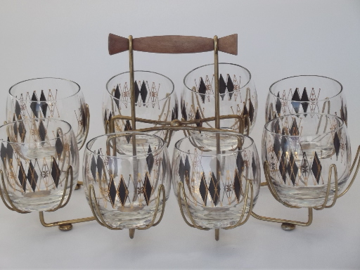 Vintage roly poly glasses in wire carrier rack, mod black diamond & gold