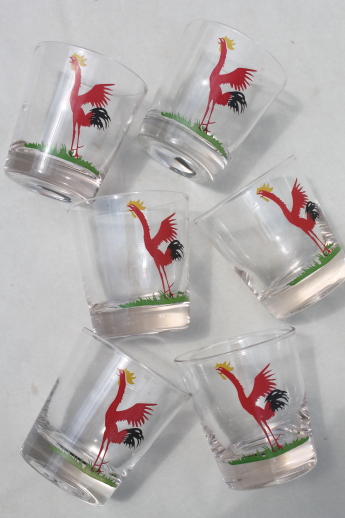 Vintage rooster print drinking glasses, mid-century mod low ball old fashioned glasses