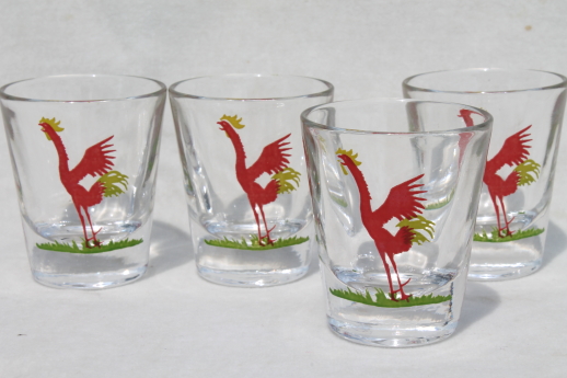 Vintage rooster print shot glasses, mid-century mod bar glasses set