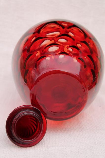 vintage ruby red dot coin spot glass wine jar, mid-century mod bottle w/ stopper