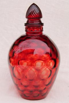 vintage ruby red dot coin spot glass wine jar, mid-century mod bottle w/ stopper
