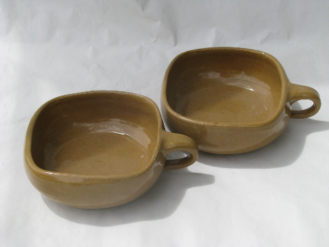 Vintage rustic pottery bowls w/ mod squared shape, gold ochre color