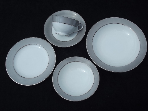 Vintage Sango Platina platinum grey and white china, plates and bowls for 4