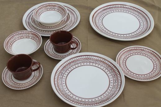 Vintage Sears Ranchero pattern dinnerware set for two, with cattle brands border print - these look like mostly zodiac symbols to us!