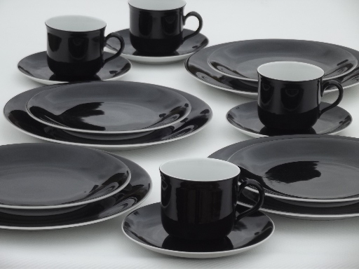 Vintage Seltmann Weiden Bavaria china dishes set for 4, solid black & white