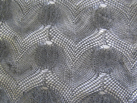 Vintage sheer black shawl / mantilla, fine knitted lace w/ long fringe