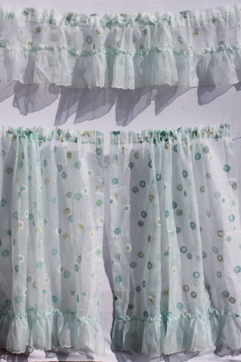 Vintage sheer curtains, ruffled sheer nylon curtain panels w/ flocked daisies