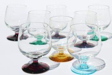 vintage shots or cordial glasses, hand blown glass snifter shape clear bowls, colored glass feet 