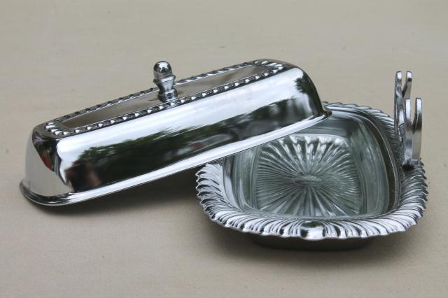 vintage silver chrome butter dish w/ glass plate, knife holder tray w / dome cover