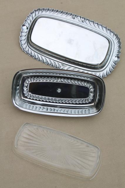 vintage silver chrome butter dish w/ glass plate, knife holder tray w / dome cover