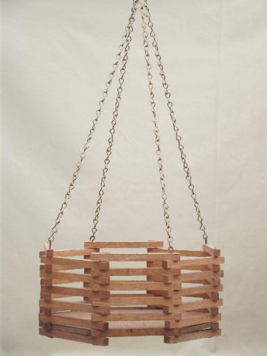 Vintage slatted wood planter box, retro 70s - 80s hanging plant basket