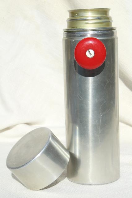 vintage spun aluminum cocktail mixer w/ red spinner handles, retro bar drinks shaker