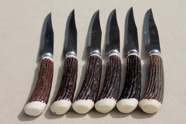 Vintage steak knife set in original box - rustic faux antler handled table knives
