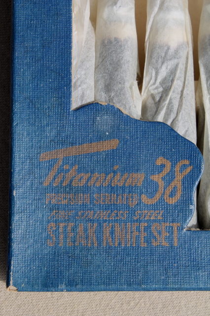 Vintage steak knife set in original box - rustic faux antler handled table knives