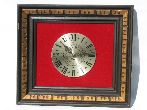 Vintage steampunk wall clock, gothic carved wood / red velvet frame