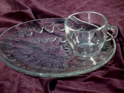 Vintage sunburst clear glass snack sets, cups and round plates for 10