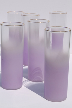 Vintage tall glass coolers or iced tea glasses, frosted lavender fade blendo glass