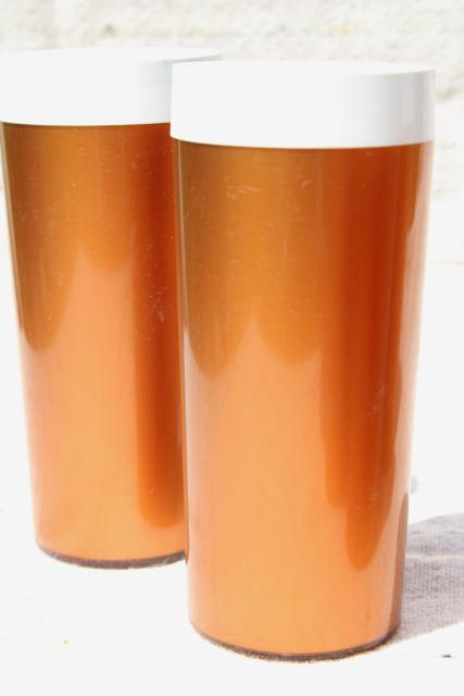 vintage thermoware type insulated plastic tumblers, tall iced tea glasses metallic copper