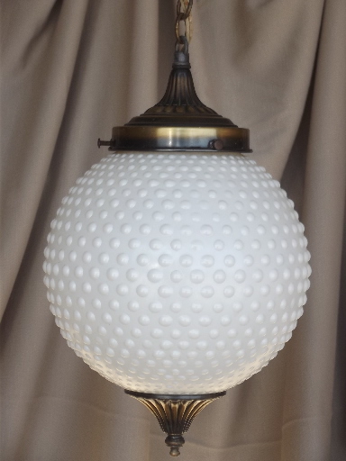 Vintage tiered pendant lights set, hobnail glass globes, retro swag lamp style!