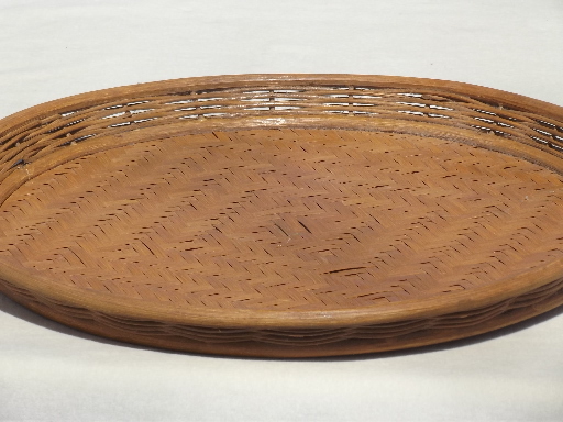 Vintage tiki style basket  tray, large round bamboo wood serving tray