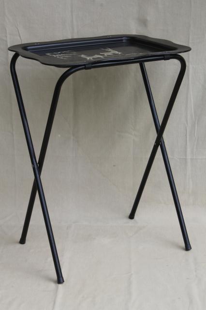 vintage tin tray TV tables, retro metal folding tables w/ woodland deer design in grey & black