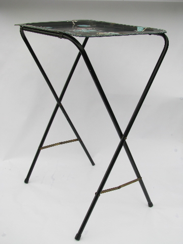 Vintage tole metal folding TV tray tables, mod leaf print