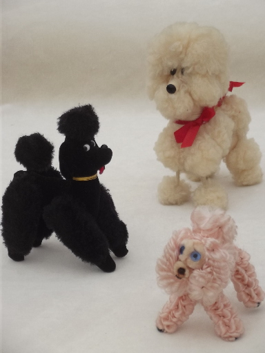 Vintage toy poodles, kitschy french poodle pet dolls in fluffy fur & pink chenille