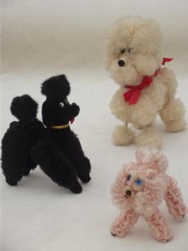 Vintage toy poodles, kitschy french poodle pet dolls in fluffy fur & pink chenille
