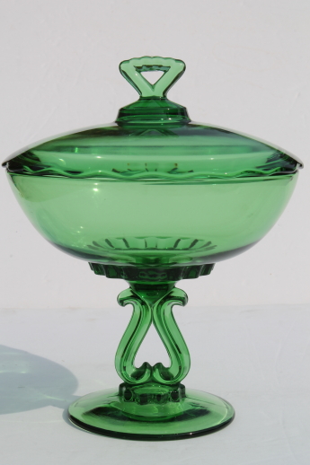 Vintage Viking glass Princess pattern compote, large green glass bowl w/ lid