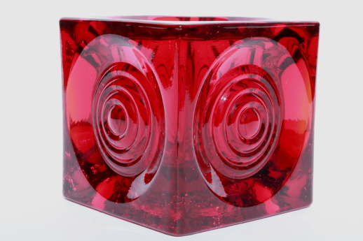 Vintage Viking glass ruby red candle holder, mod bullseye circles on square cube