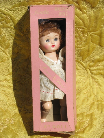 Vintage walker doll, hard plastic Linda walking doll in original box