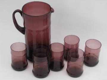 Vintage West Virginia amethyst glass pitcher and tumblers, bamboo etch