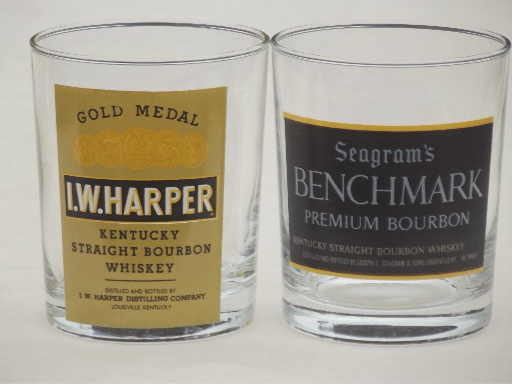 Vintage whiskey label glasses, set of french glass bar glasses w/ whisky labels